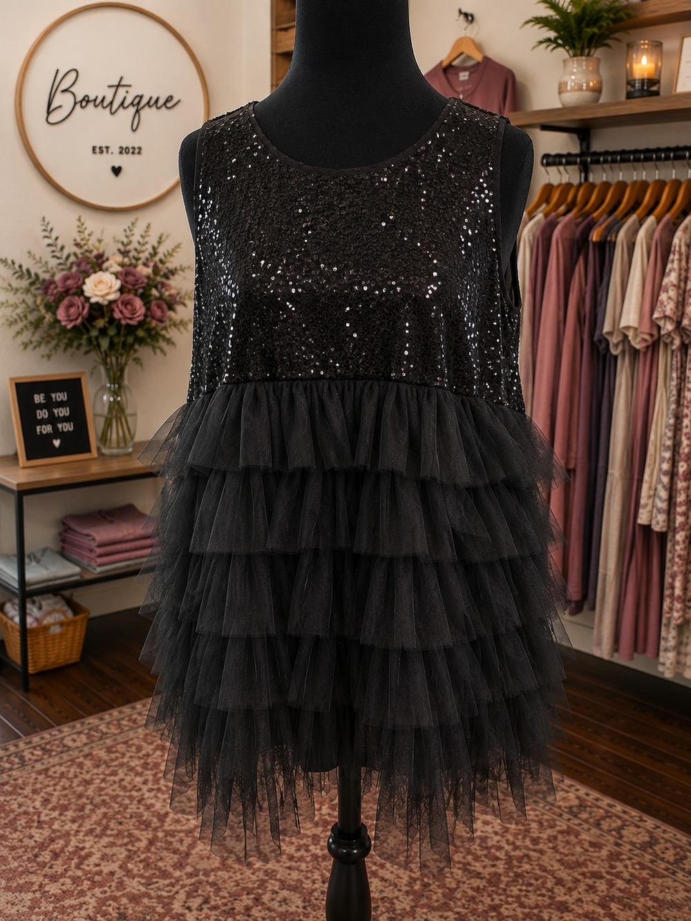 Black Sequin & Tiered Tulle Cocktail Top